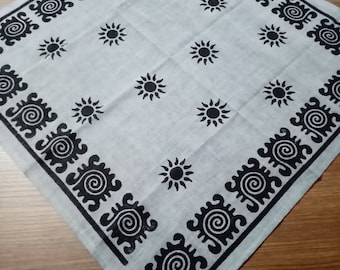 Gray cotton bandanna, unique gifts, block print scarf, boho handmade gifts, gray neck scarf, ancient Egypt figure bandana, cool neck wrap