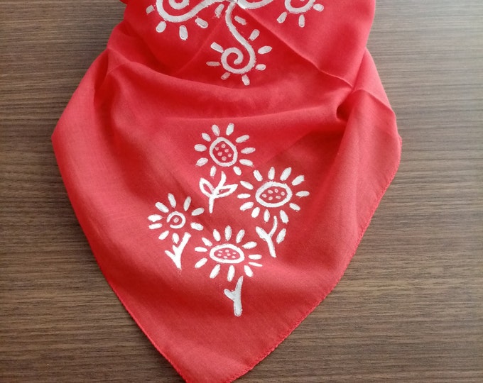Floral Red cotton bandana, boho hippie neck scarf, handmade gifts, block print scarf, unique design, bandanna, gift for her, women accessory