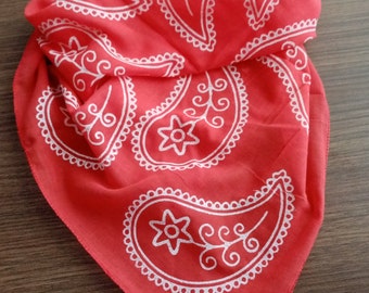 Red cotton hair scarf, bandana headbands, block print small scarf, boho wrist wrap, soft cotton bandana