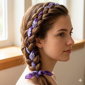 May include: A woman's braided hairstyle featuring a purple floral patterned headband and accents woven into the braid. The braid is secured at the end with a matching purple bow. The hair is a warm brown color.