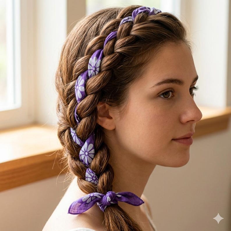 May include: A woman's braided hairstyle featuring a purple floral patterned headband and accents woven into the braid. The braid is secured at the end with a matching purple bow. The hair is a warm brown color.