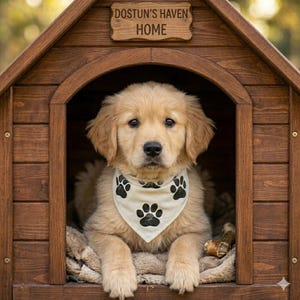Pode incluir: Um filhote de golden retriever usando uma bandana com pegadas pretas est&aacute; sentado dentro de uma casinha de cachorro de madeira. A casinha tem uma placa que diz "DOSTUN'S HAVEN HOME". O c&atilde;o est&aacute; descansando em um cobertor bege macio.