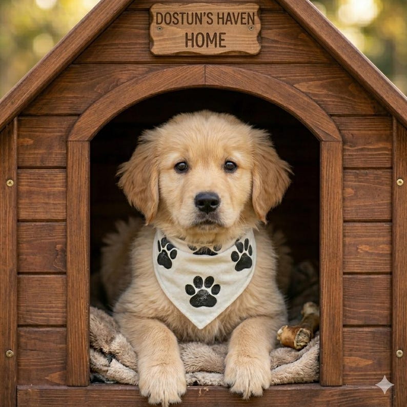 Pode incluir: Um filhote de golden retriever usando uma bandana com pegadas pretas est&aacute; sentado dentro de uma casinha de cachorro de madeira. A casinha tem uma placa que diz "DOSTUN'S HAVEN HOME". O c&atilde;o est&aacute; descansando em um cobertor bege macio.