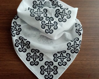 Black White Cotton Bandana, Boho Woodblock Print Scarf, Handmade Accessory,