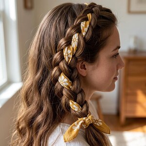 May include: A side profile of a person with long, wavy brown hair styled in a large braid. The braid is adorned with yellow fabric strips patterned with white daisies. The fabric is woven into the braid and tied at the end.