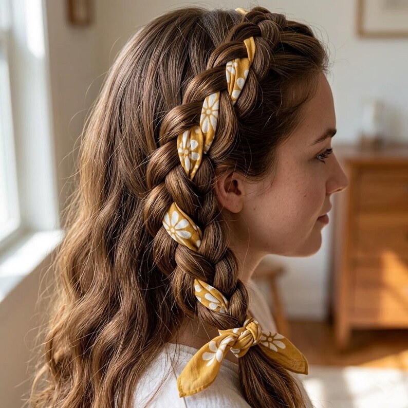 May include: A side profile of a person with long, wavy brown hair styled in a large braid. The braid is adorned with yellow fabric strips patterned with white daisies. The fabric is woven into the braid and tied at the end.