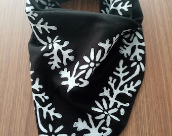 Black White Cotton Bandana, Woodblock Print Neck Scarf, Cowboy Headband
