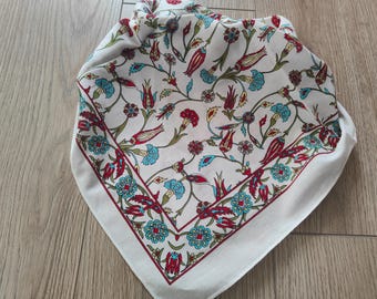 Handmade Cotton Bandana, Traditional Turkish Floral Print Scarf, 22x22 Screen Printed Neck Kerchief, Vintage Style Hair Scarf