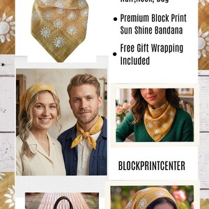 May include: An image promoting a mustard yellow bandana with a white sun pattern. The text says "Perfect Birthday Gift" and "Give Her and Him a Touch of Chic." The bandana is shown styled as a hair accessory, neck scarf, and bag accessory.