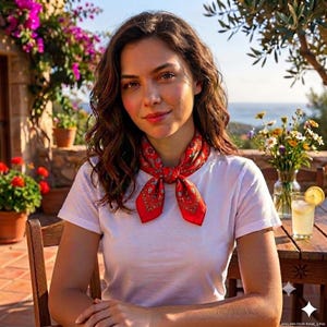 Red Floral Bandana, 100% Cotton Head Scarf, Square Neck Kerchief, Screen Printed Cotton Fabric, Boho Hair Accessory, 21x21 inch image 3