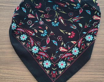 Turkish Tulip Pattern Bandana, 100% Cotton Handmade Scarf, Floral Silk Screen Printed Headwrap, Bohemian Hair Accessory, Black Multi-color
