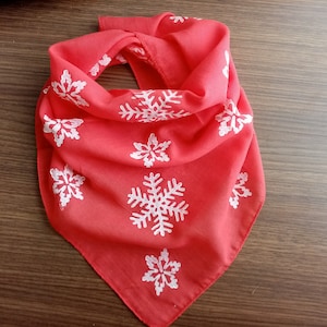 Snowflake christmas gifts, Snowflake red bandana, Snowflake block print scarf, Red cotton neck scarf, winter headbands