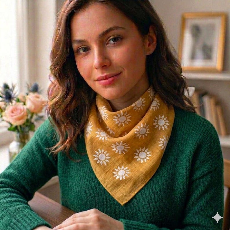 May include: Mustard yellow bandana with a white sunburst pattern. The bandana is worn around the neck over a green jumper. The image is taken indoors, with a window and flowers in the background.