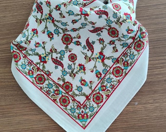 Turkish Floral Pattern Bandana, Traditional Motif Print Cotton Scarf, 22x22 Inch Ethnic Headwrap, Boho Style Neck Kerchief, Handmade Gift