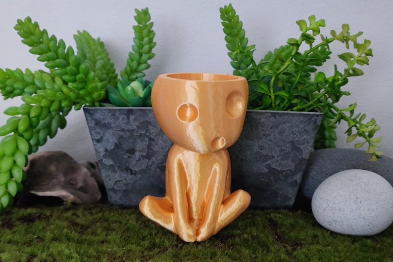 May include: A small, orange, ceramic planter shaped like a sitting creature with large eyes. The planter is sitting on a bed of green moss.