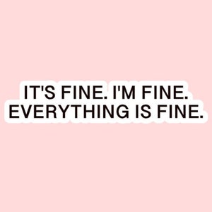 May include: A pink background with white text that reads "IT'S FINE. I'M FINE. EVERYTHING IS FINE."