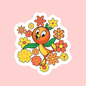 May include: A cartoon orange bird with a yellow beak and feet surrounded by colorful flowers. The bird is wearing a green leaf on its head and has a green leaf coming out of its back.