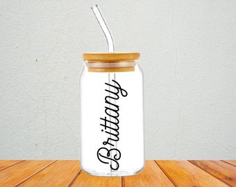 Personalized Name Iced Coffee Cup ~ Soda ~ Beer ~ Can ~ Glass ~  With Lid and Glass Straw ~ Gift Ideas ~ Bridesmaid Proposal ~ For Her