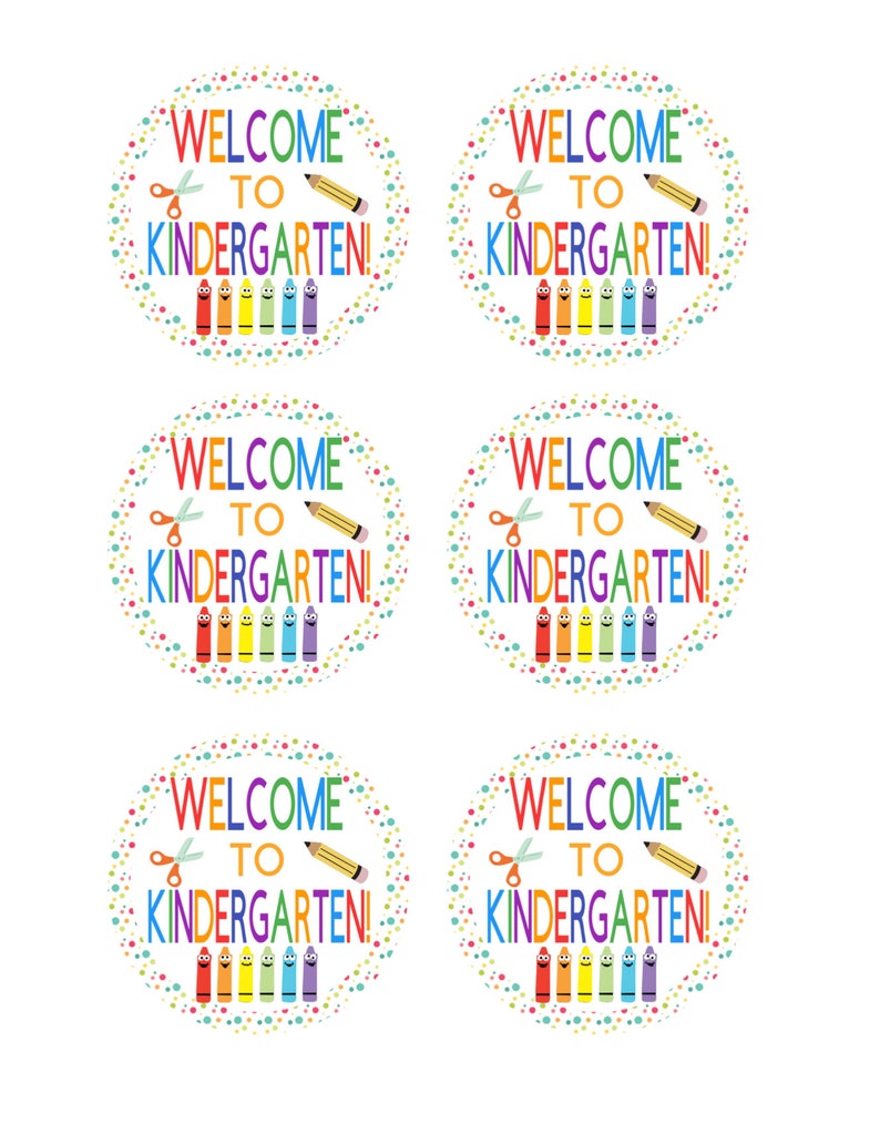 May include: Four colorful welcome to kindergarten signs with a pencil, scissors, and crayons. The signs are perfect for a classroom or a party.