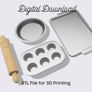 STL File - Dollhouse Miniature Baking Set for 3D Resin Printing | 1:12 Scale Pie Pan, Cookie Sheet, Muffin Tin, Rolling Pin