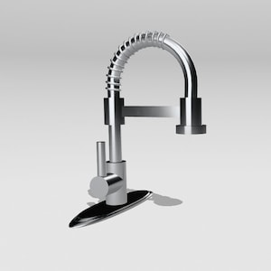 May include: A chrome kitchen faucet with a pull-down sprayer and a black base.