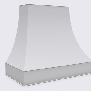 Pu&ograve; includere: Cappa da cucina in metallo bianco con parte superiore curva e base rettangolare.