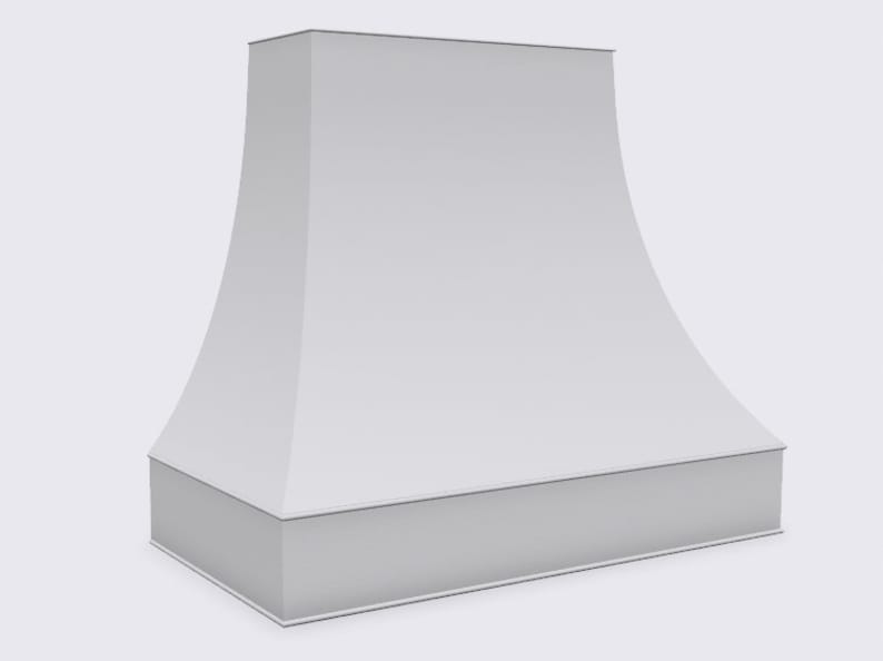 Pu&ograve; includere: Cappa da cucina in metallo bianco con parte superiore curva e base rettangolare.