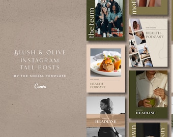 May include: A set of Instagram post templates in blush and olive colours. The templates feature a variety of images, including food, people, and text. The text includes the words "Health Podcast" and "New Episode".