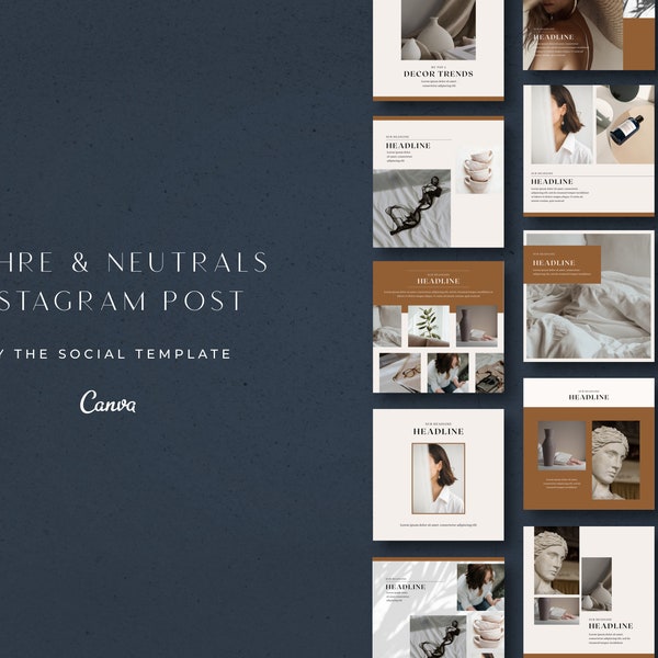 50 Instagram Post Templates for Canva, Instagram Story Templates, Canva Blogger Template| Ochre and Beige Feed | Elegant