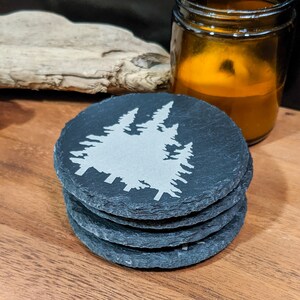 Round Slate Coasters With Trees, set of 4