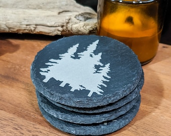 Round Slate Coasters With Trees, set of 4