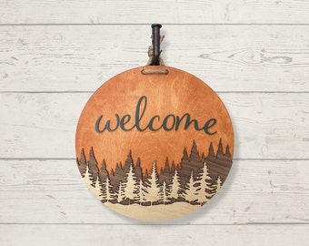Forest welcome sign, 15 inch round in Colonial maple