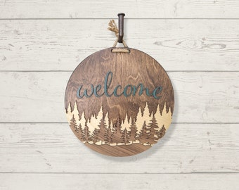 Forest welcome sign, 15 inch round in Dark Walnut