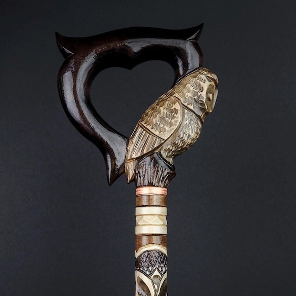 Owl Walking Cane Hand Carved Wooden Stick