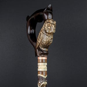Hand Carved Wooden Walking Stick with Owl Design – Stylish Walking Cane for Men and Women