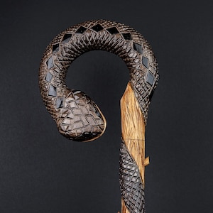 Puede incluir: Un bastón de madera con un mango en forma de cabeza de serpiente. La serpiente está tallada en un color marrón oscuro con un patrón de diamante negro. El bastón está hecho de madera marrón claro.