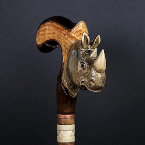 African Rhino: Artisan Intricate Handcarved Wood Cane
