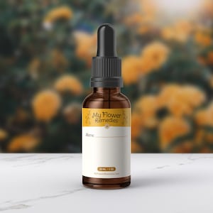 May include: A brown glass bottle with a black dropper top. The label is yellow and says "My Flower Remedies". The bottle contains 30 ml or 1 oz of liquid. The label also has a space for a name.