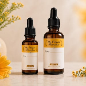 May include: Two amber glass dropper bottles with black caps and white labels. The labels read "My Flower Remedies" and have space for a name. One bottle is 1 oz, the other is 2 oz. The website MyFlowerRemedies.com is printed on the labels.