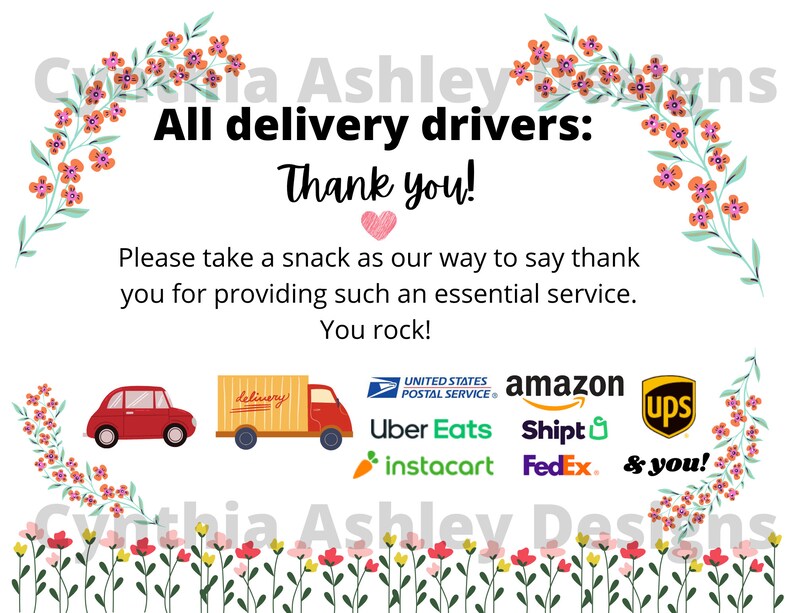 Delivery Driver Thank You Sign Printable Amazon UPS Fedex Etsy