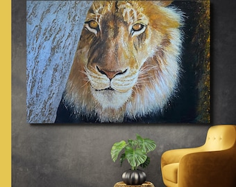 Lion Hand Painted, Acrylic on Special Material Canvas, Large Wall Art Lion Watching You, Royal Handmade gift