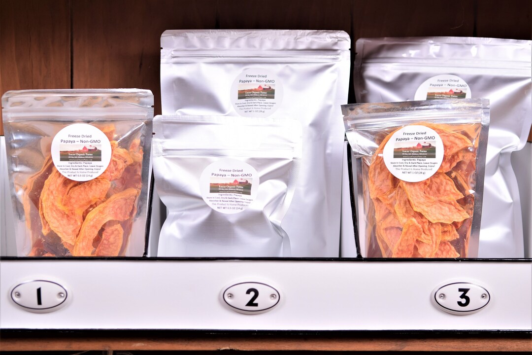 Freeze Dried Papaya Nongmo Just Fruit in Mylar Bag up to 25 Year Shelf