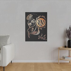May include: Abstract art print with a black background and white and gold swirling designs. The design features a large circle with a smaller circle inside. The artist's signature is in the bottom right corner.