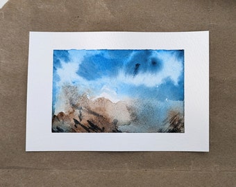 Winzige abstrakte Landschaft Nr. 1 – Originales halbabstraktes Aquarellgemälde, heitere, stimmungsvolle Kunst
