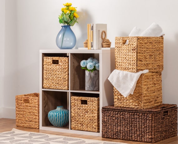 Wicker shelf storage baskets deals