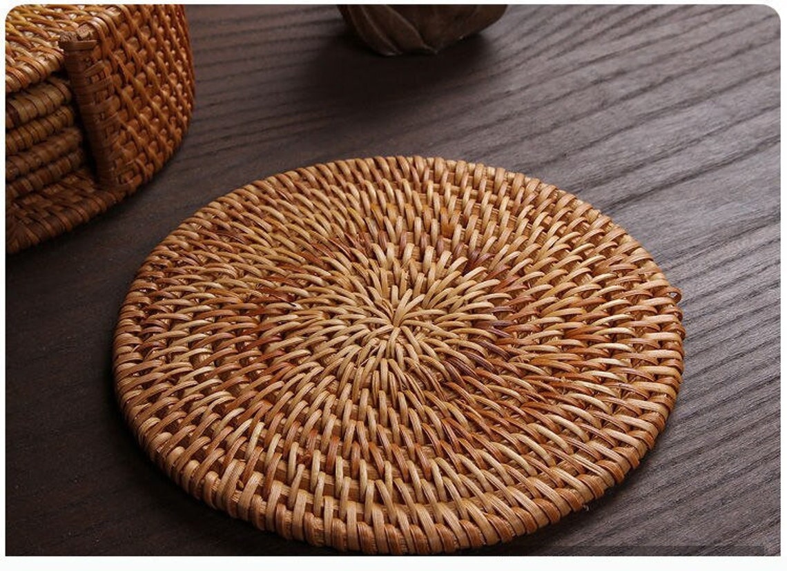 Set 6 Pcs Rattan Coasters With Cover Rattan Placemats Etsy