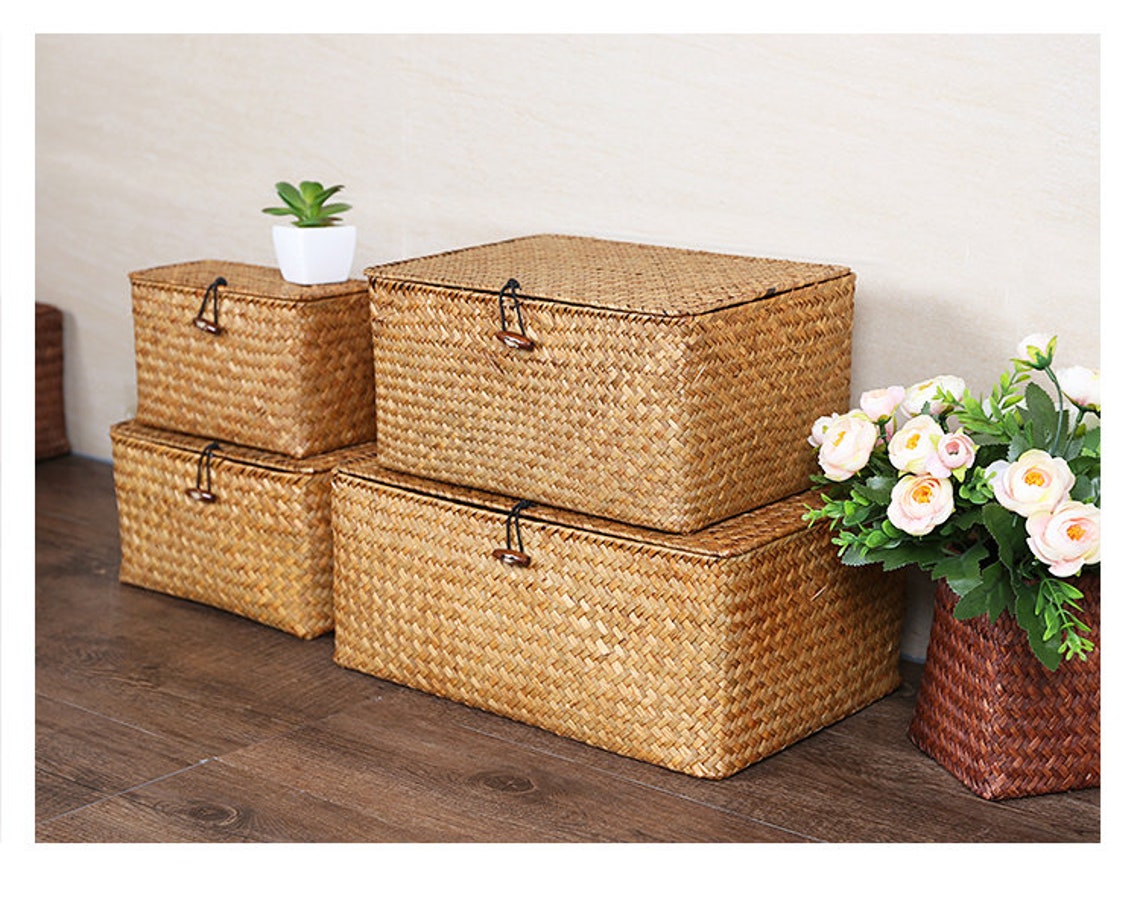 Straw Baskets Big Size Straw Box With Lids Seagrass Box Etsy