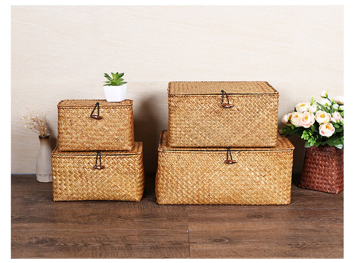 Straw Baskets Big Size Straw Box With Lids Seagrass Box Etsy Australia
