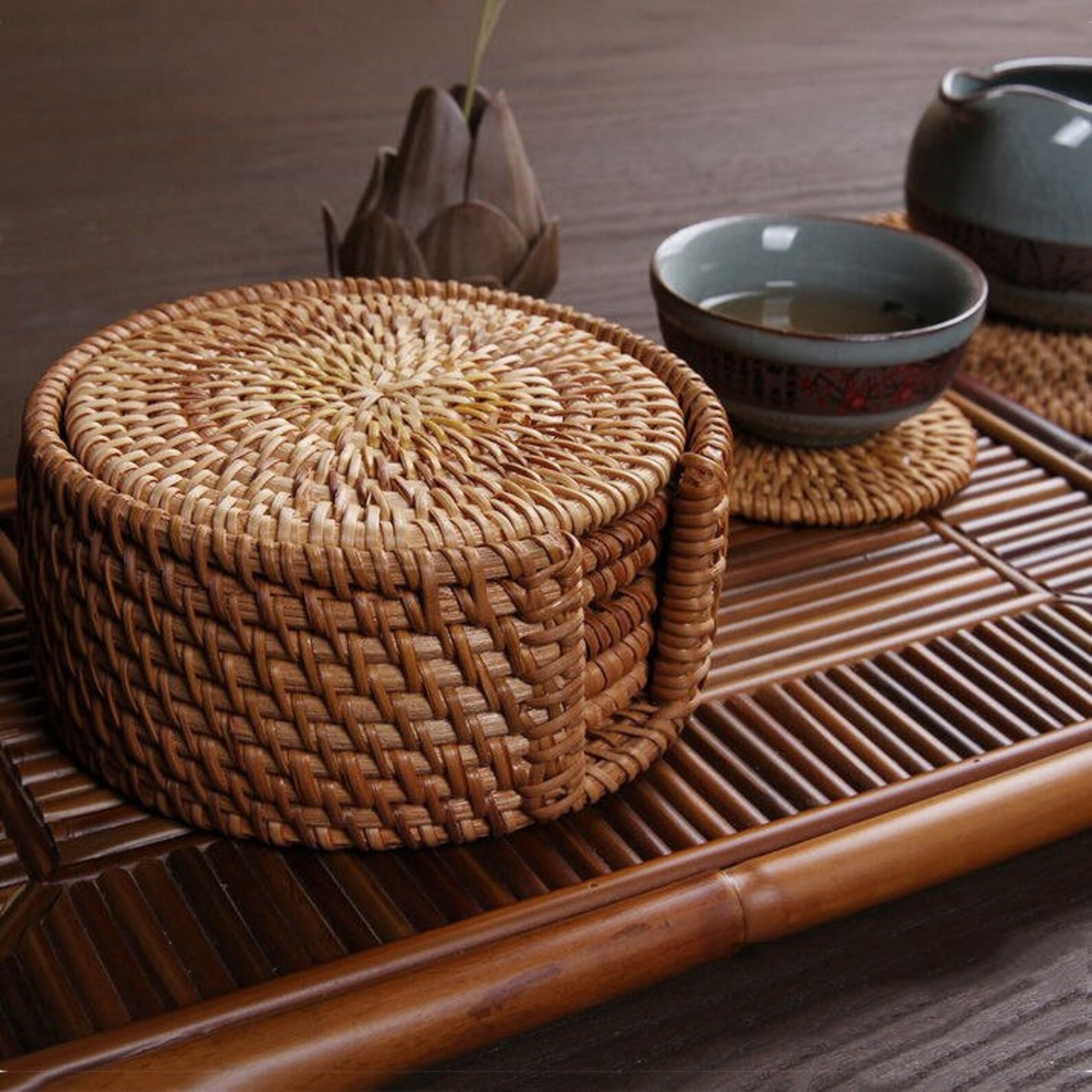 Set 6 Pcs Rattan Coasters With Cover Rattan Placemats Etsy