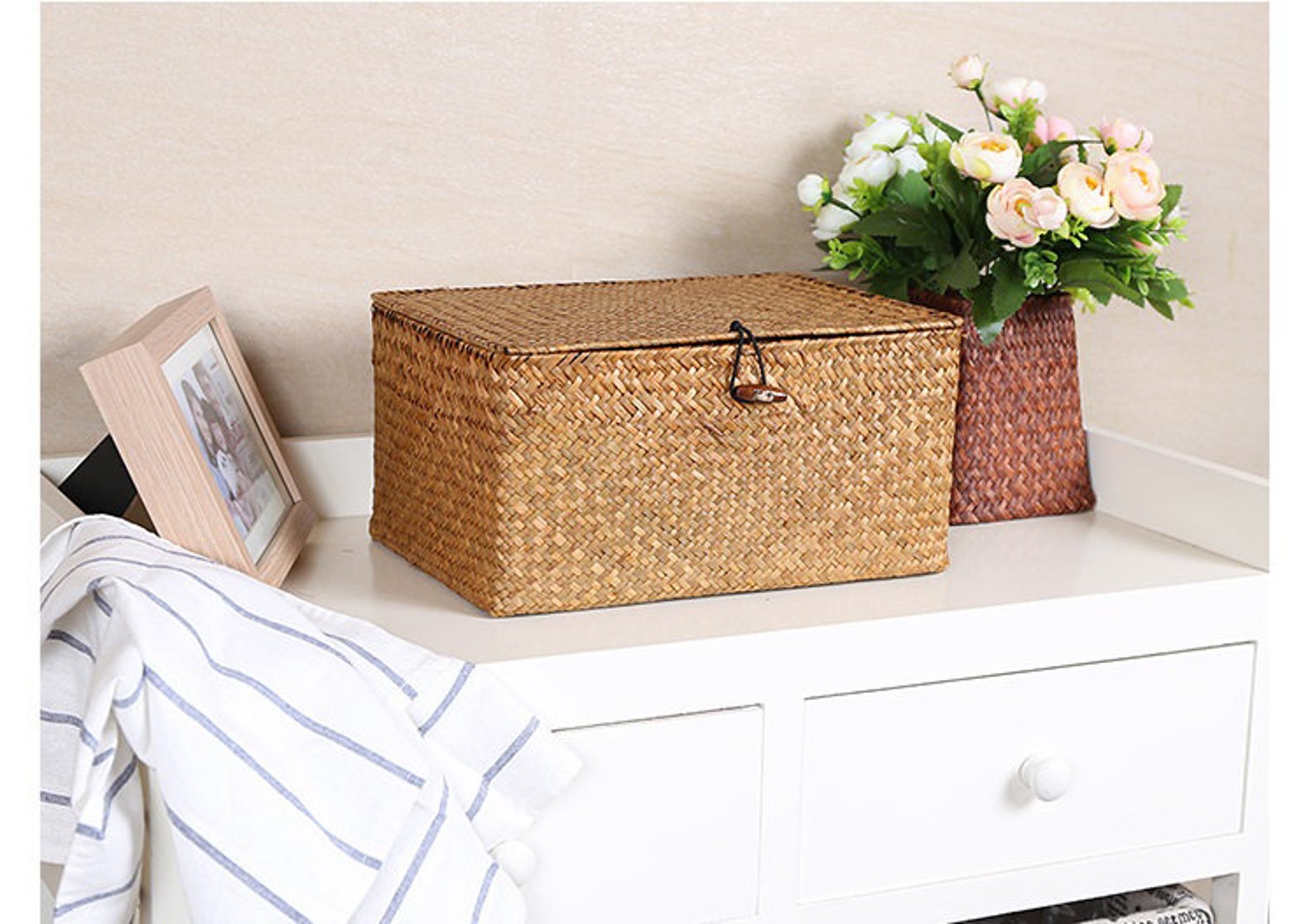 Straw Baskets Big Size Straw Box With Lids Seagrass Box Etsy